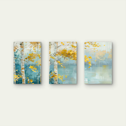 3pcs Abstract Autumn Birch Trees Yellow & Teal  Wall Art Set Canvas Framed 40x60cm - High Quality Print 100% Australian Made Wall Canvas Ready to Hang