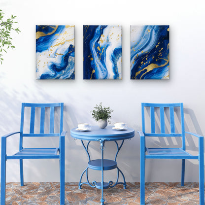 3pcs Abstract Royal Blue Gold Foil Marble Wall Art Set Canvas Framed 40x60cm - High Quality Print 100% Australian Made Wall Canvas Ready to Hang