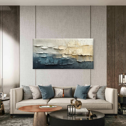 Modern Cream Beige Navy Blue Thick Wall Art Canvas Office Home Framed 120x60cm