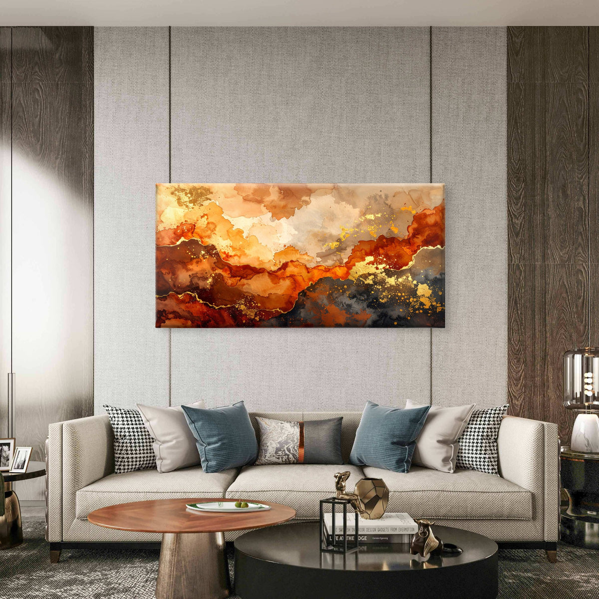 Modern Earth Tone Rust Orange Swirl Wall Art Canvas Office Home Framed 120x60cm