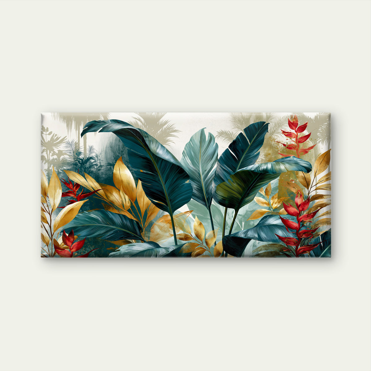 Tropical Banana Leaves Red Heliconia Wall Art Canvas Office Home Framed 120x60cm