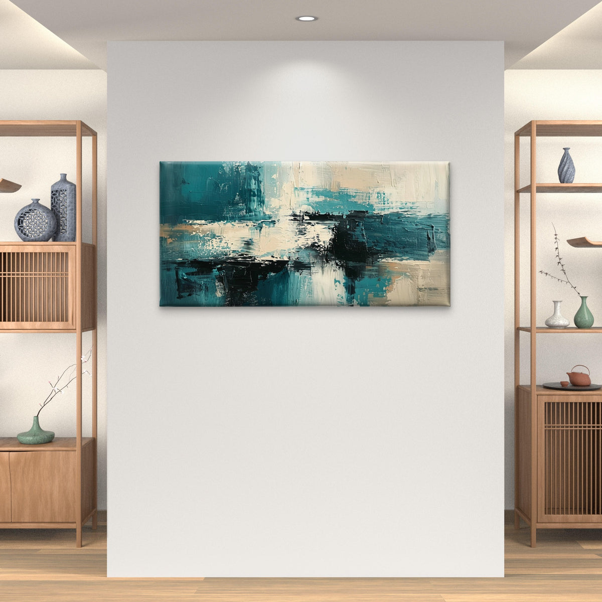 Teal Turquoise Cream and Black Impasto Wall Art Canvas Office Home Framed 120x60cm