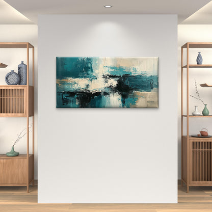 Teal Turquoise Cream and Black Impasto Wall Art Canvas Office Home Framed 120x60cm