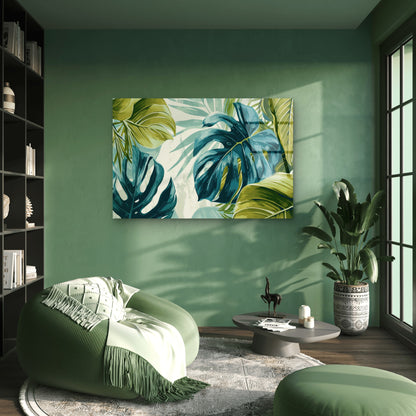 Green Teal Monstera Botanical Acrylic Glass Printing Wall Art Australian Made Quality