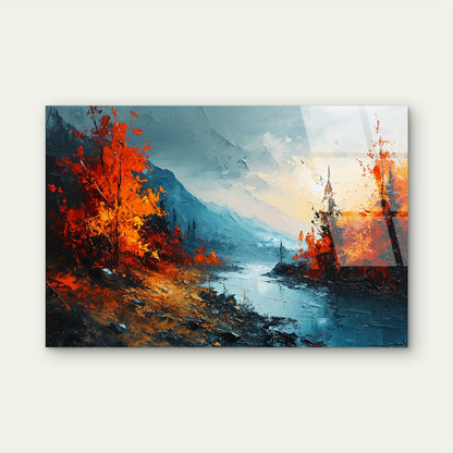 Autumn Mountain River Palette Knife Acrylic Glass Printing Wall Art Australian Made Quality