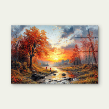 Rustic Autumn Lakeside Cabin Painting Acrylic Glass Printing Wall Art Australian Made Quality