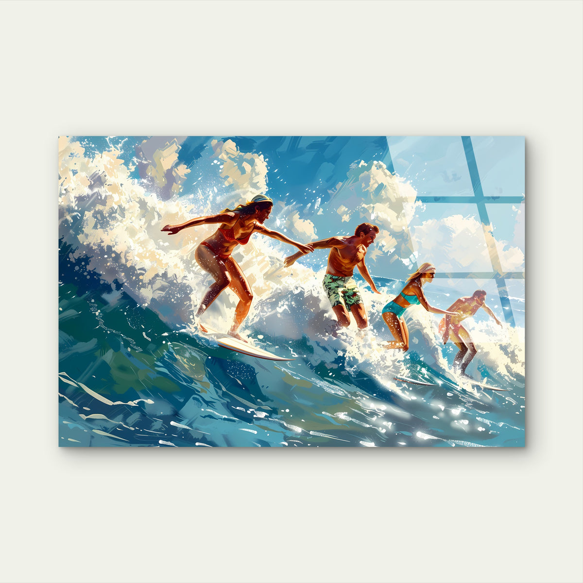 Retro Surfing Friends Ocean Wave Painting Acrylic Glass Printing Wall Art Australian Made Quality