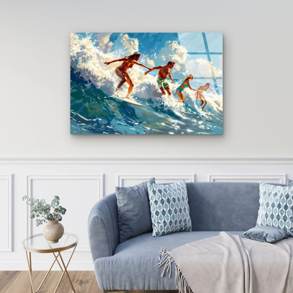 Retro Surfing Friends Ocean Wave Painting Acrylic Glass Printing Wall Art Australian Made Quality