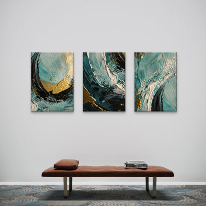 3pcs Abstract Emerald Green Navy Gold Foil Waves  Wall Art Set Canvas Framed 40x60cm - High Quality Print 100% Australian Made Wall Canvas Ready to Hang