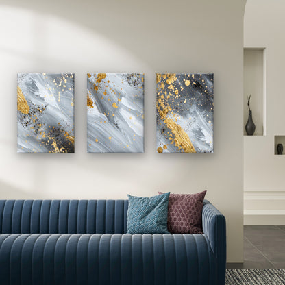 3pcs Grey White Abstract Gold Splatter Waves  Wall Art Set Canvas Framed 40x60cm - High Quality Print 100% Australian Made Wall Canvas Ready to Hang