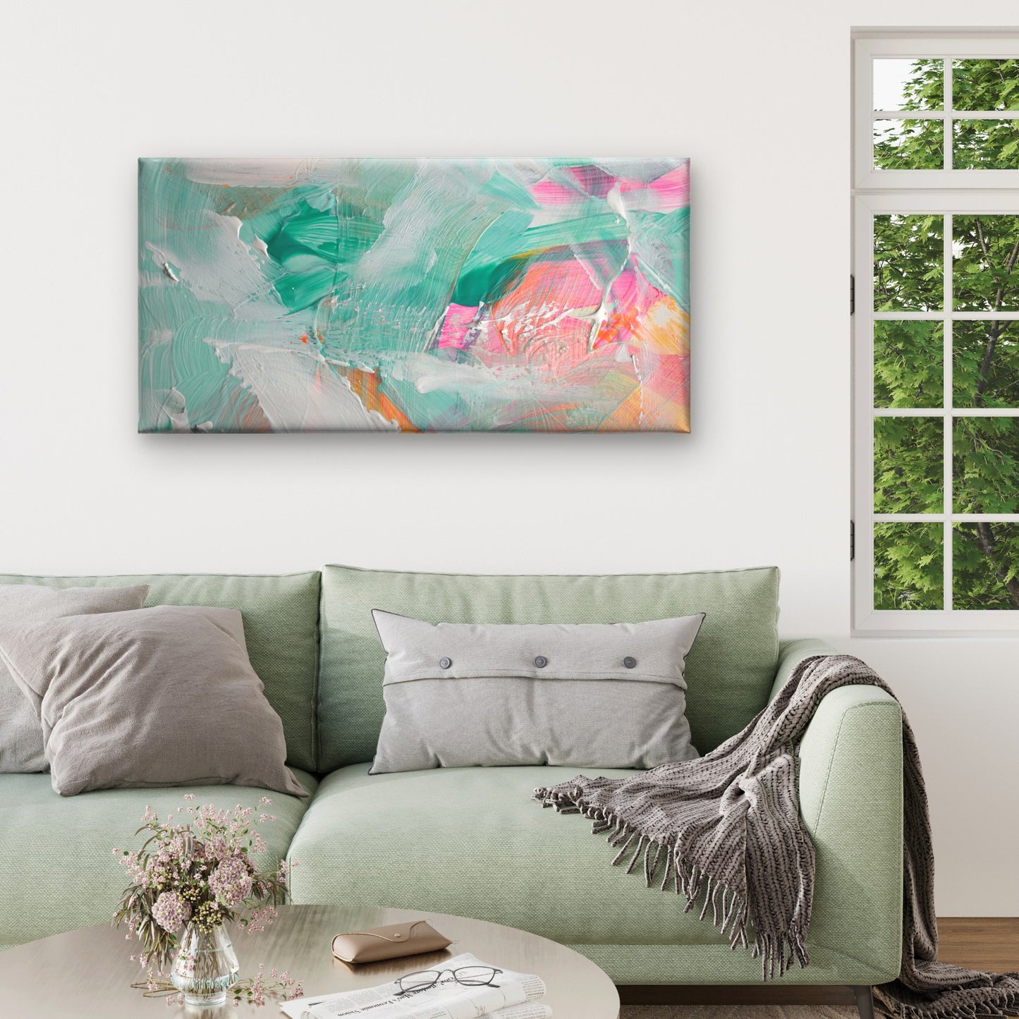 Modern Abstract Teal Pink Pastel Wall Art Canvas Office Home Framed 120x60cm