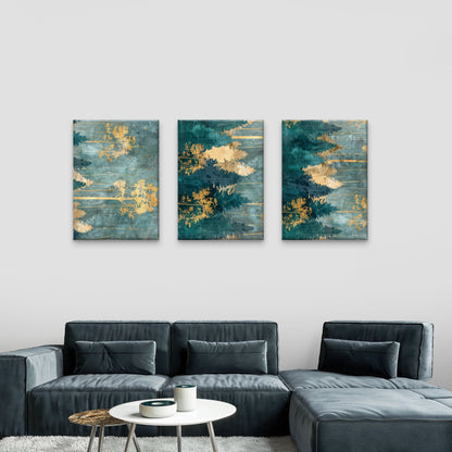 3pcs Abstract Emerald Green Pine Forest Gold   Wall Art Set Canvas Framed 40x60cm - High Quality Print 100% Australian Made Wall Canvas Ready to Hang