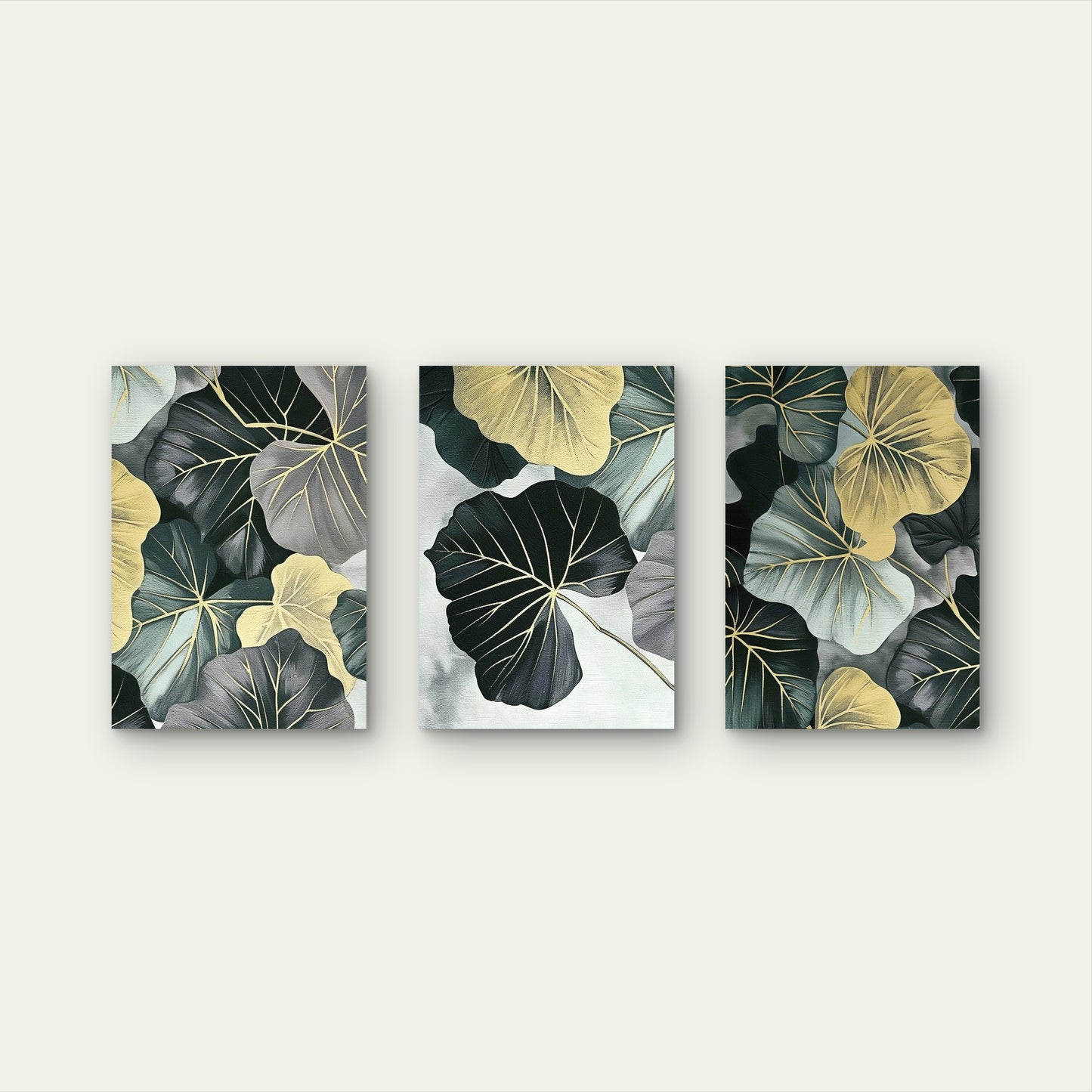 3pcs Abstract Dark Green & Gold Monstera Leaves Wall Art Set Canvas Framed 40x60cm - High Quality Print 100% Australian Made Wall Canvas Ready to Hang