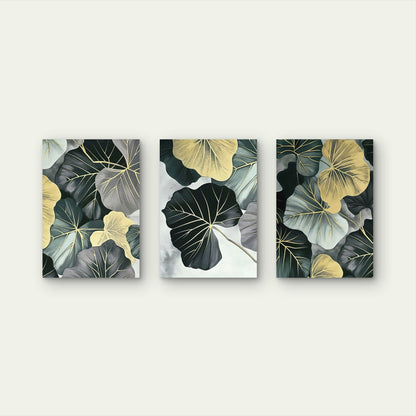3pcs Abstract Dark Green & Gold Monstera Leaves Wall Art Set Canvas Framed 40x60cm - High Quality Print 100% Australian Made Wall Canvas Ready to Hang
