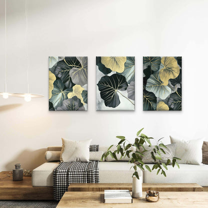 3pcs Abstract Dark Green & Gold Monstera Leaves  Wall Art Set Canvas Framed 60x90cm - High Quality Print 100% Australian Made Wall Canvas Ready to Hang