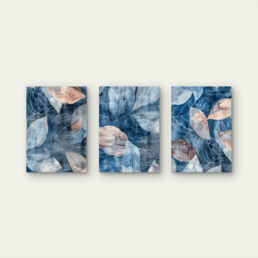 3pcs Abstract Blue Blush Pink Foliage Leaves Wall Art Set Canvas Framed 40x60cm - High Quality Print 100% Australian Made Wall Canvas Ready to Hang