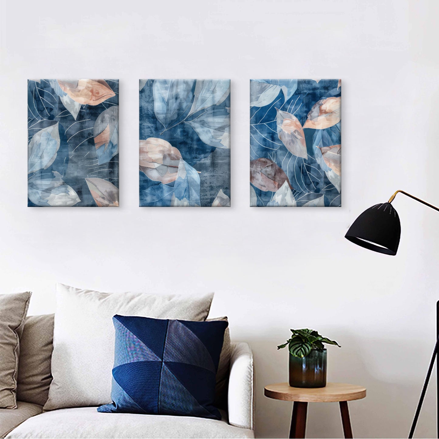 3pcs Abstract Blue Blush Pink Foliage Leaves Wall Art Set Canvas Framed 40x60cm - High Quality Print 100% Australian Made Wall Canvas Ready to Hang