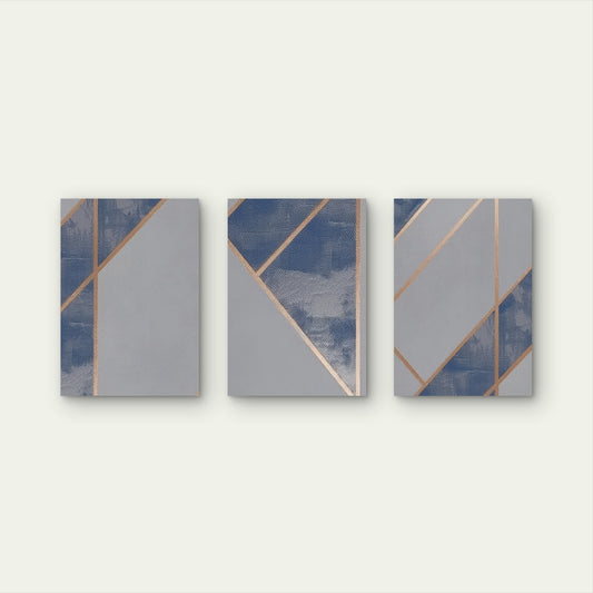 3pcs Abstract Navy Grey Geometric Gold Line  Wall Art Set Canvas Framed 40x60cm - High Quality Print 100% Australian Made Wall Canvas Ready to Hang