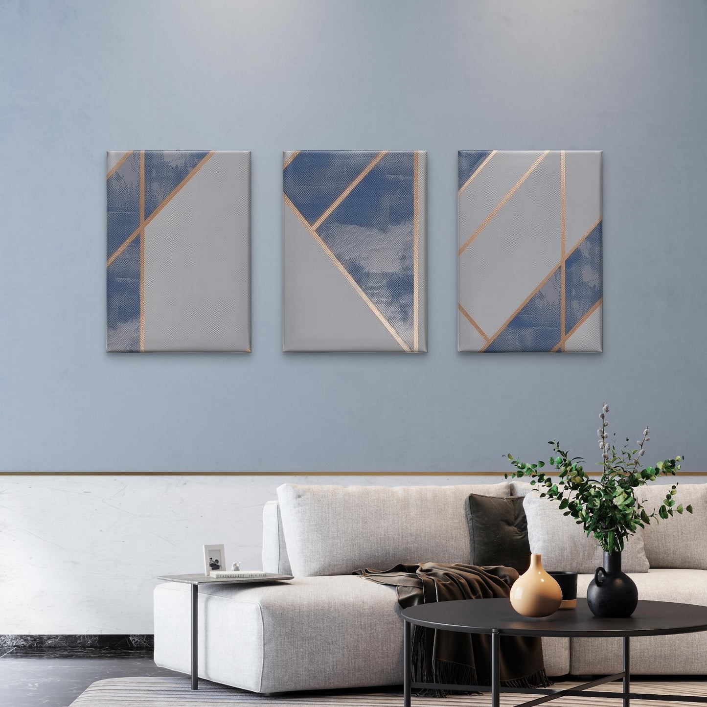 3pcs Abstract Navy Grey Geometric Gold Line  Wall Art Set Canvas Framed 40x60cm - High Quality Print 100% Australian Made Wall Canvas Ready to Hang