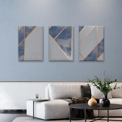 3pcs Abstract Navy Grey Geometric Gold Line  Wall Art Set Canvas Framed 40x60cm - High Quality Print 100% Australian Made Wall Canvas Ready to Hang