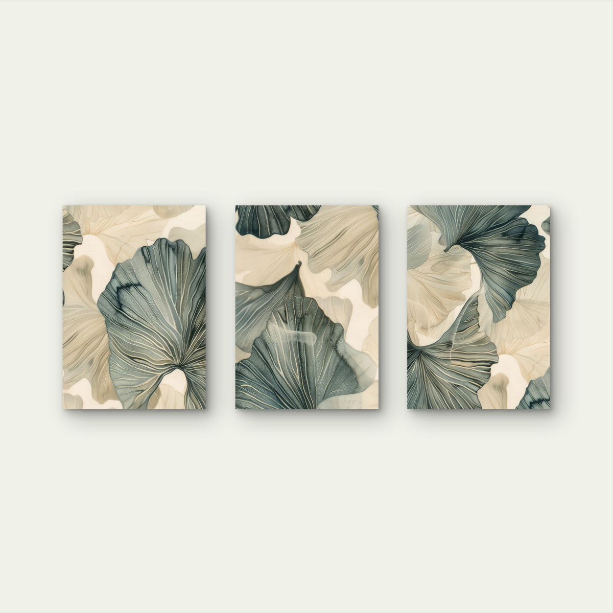 3pcs Abstract Sage Green Beige Ginkgo Leaves   Wall Art Set Canvas Framed 50x70cm - High Quality Print 100% Australian Made Wall Canvas Ready to Hang