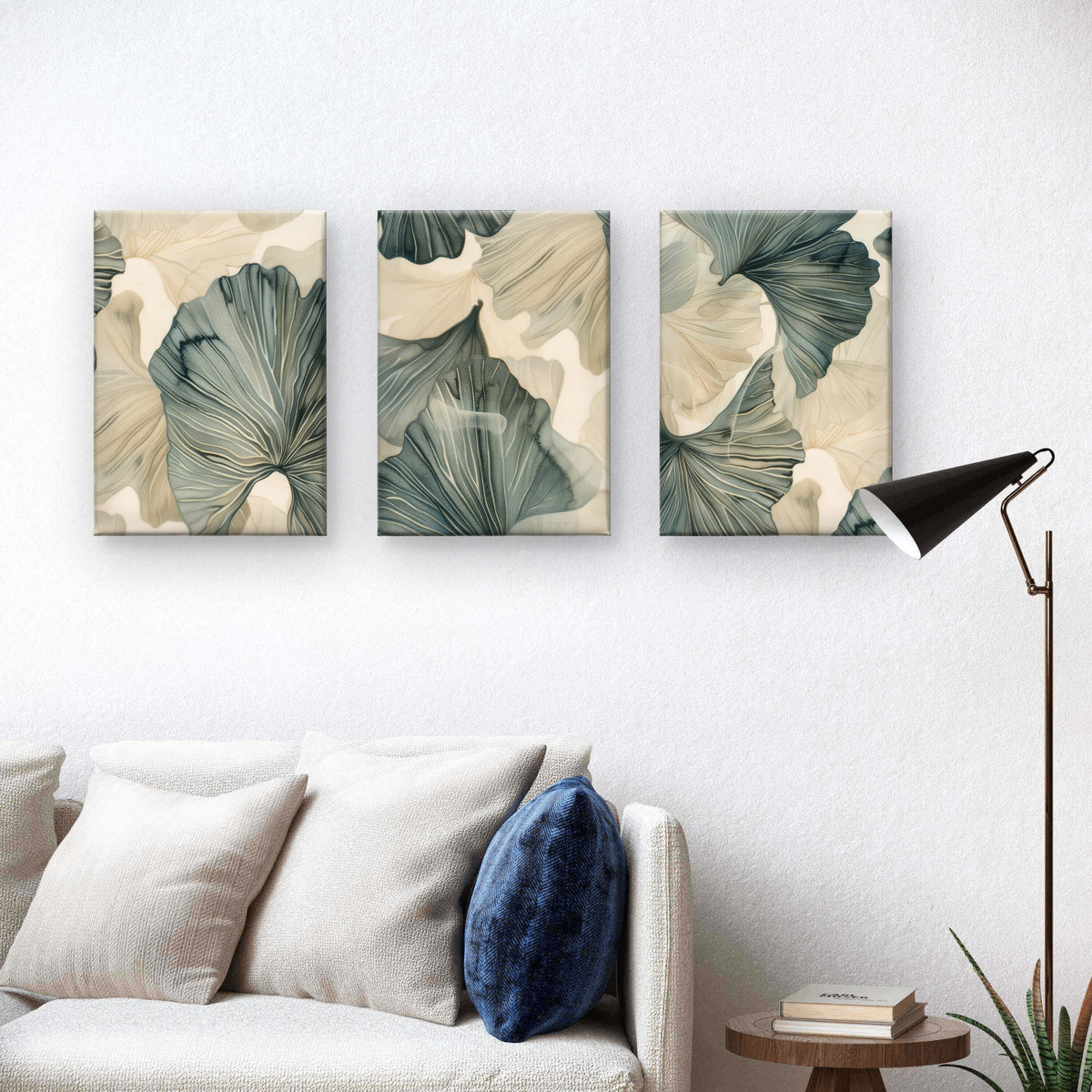 3pcs Abstract Sage Green Beige Ginkgo Leaves  Wall Art Set Canvas Framed 40x60cm - High Quality Print 100% Australian Made Wall Canvas Ready to Hang