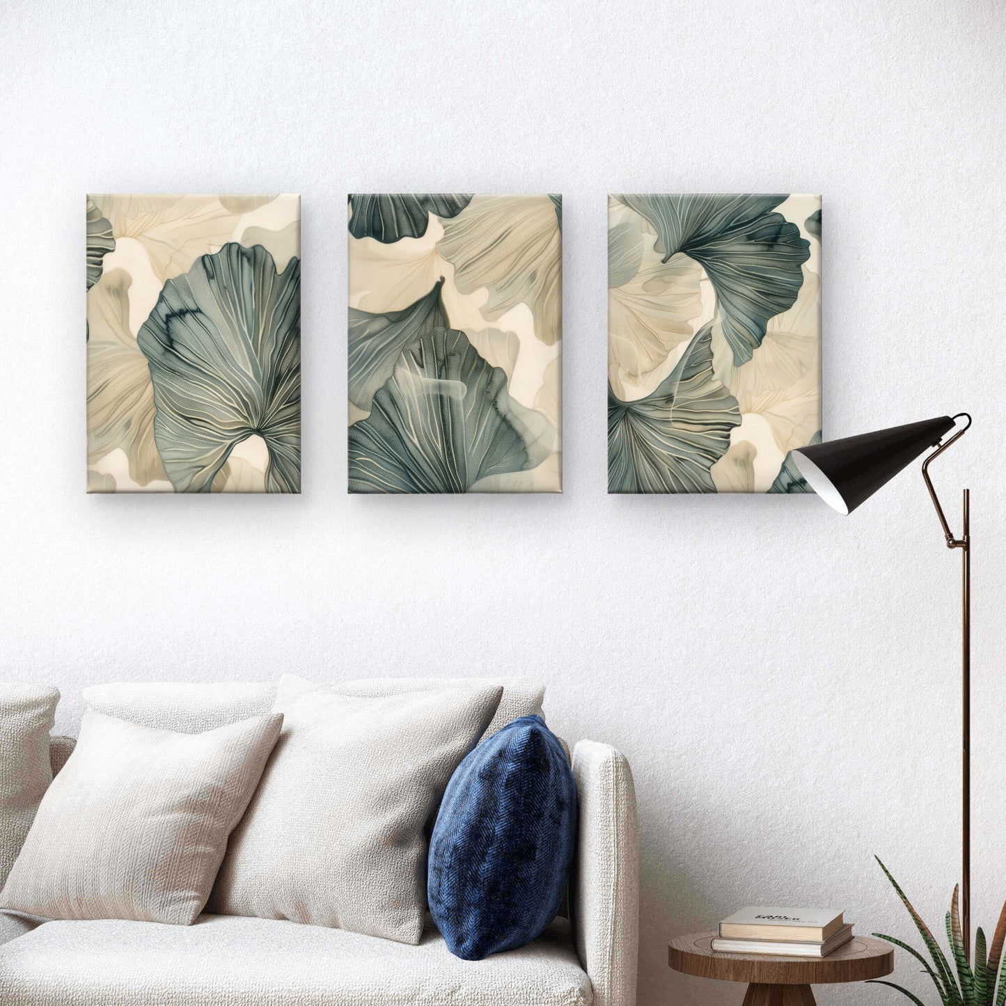 3pcs Abstract Sage Green Beige Ginkgo Leaves   Wall Art Set Canvas Framed 50x70cm - High Quality Print 100% Australian Made Wall Canvas Ready to Hang