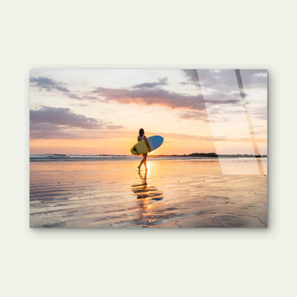 Sunset Golden Hour Surfer Girl Ocean Beach Acrylic Glass Printing Wall Art Australian Made Quality