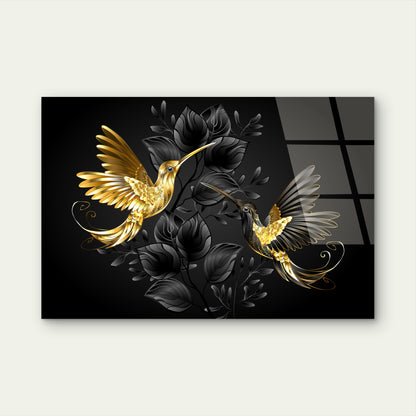 Luxury Gold Hummingbird Black Floral Acrylic Glass Printing Wall Art Australian Made Quality