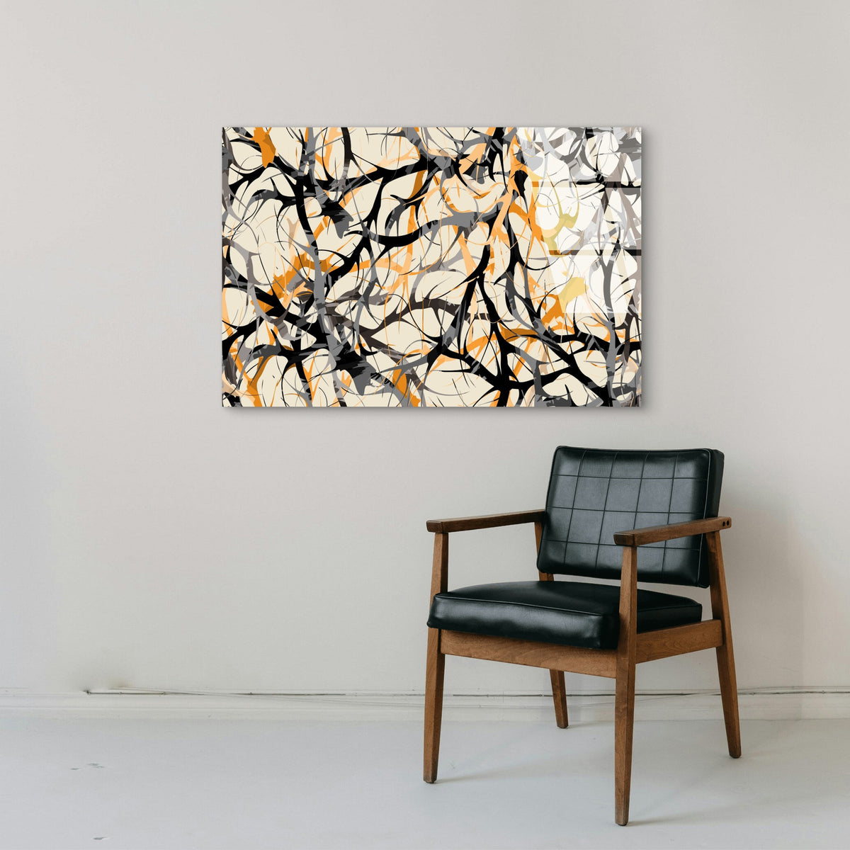 Abstract Orange Black Pollock Drip Line Acrylic Glass Printing Wall Art Australian Made Quality