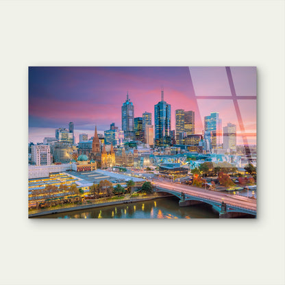Melbourne City Skyline Sunset Yarra River Acrylic Glass Printing Wall Art Australian Made Quality