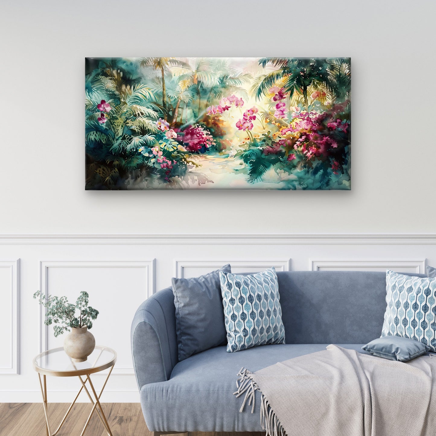 Tropical Watercolor Orchid Garden Wall Art Canvas Office Home Framed 120x60cm