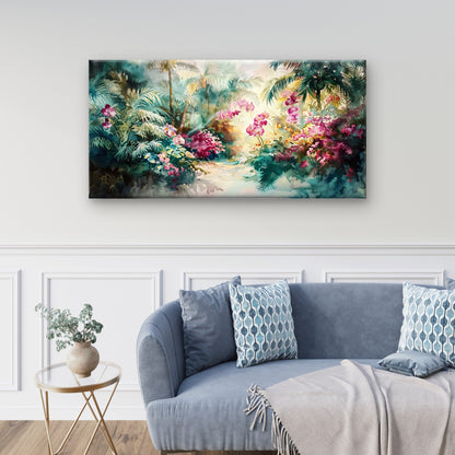 Tropical Watercolor Orchid Garden Wall Art Canvas Office Home Framed 120x60cm
