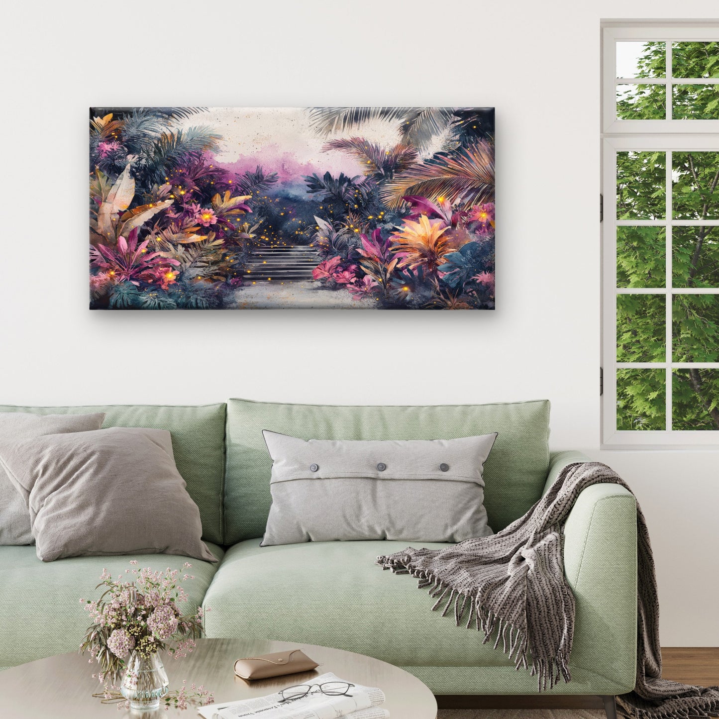 Magical Night Jungle Fireflies Wall Art Canvas Office Home Framed 120x60cm