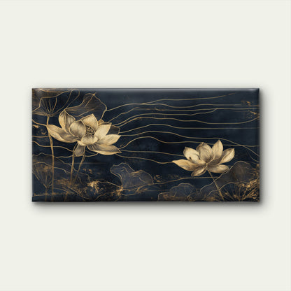 Luxury Gold Lotus Navy Blue Wall Art Canvas Office Home Framed 120x60cm