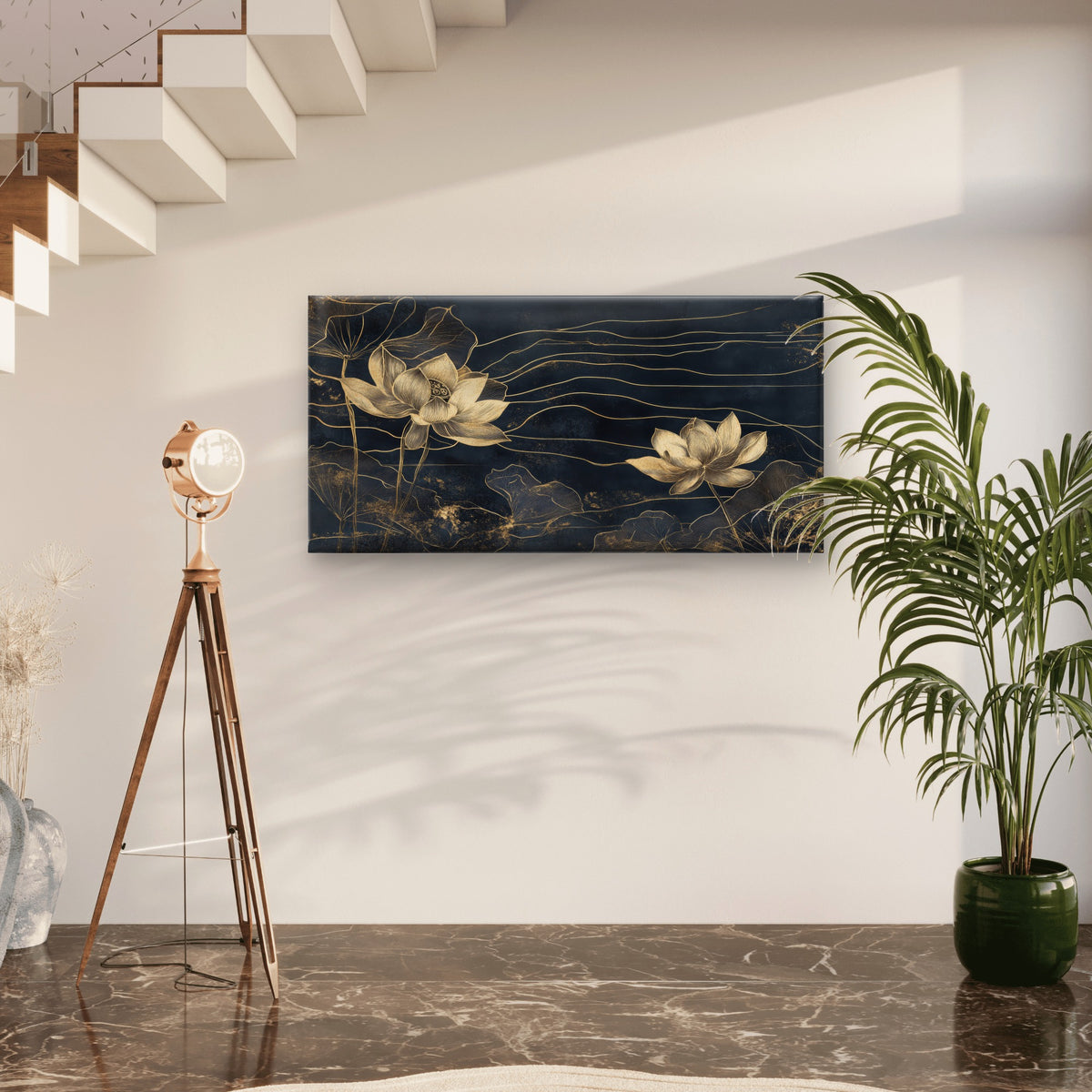 Luxury Gold Lotus Navy Blue Wall Art Canvas Office Home Framed 120x60cm