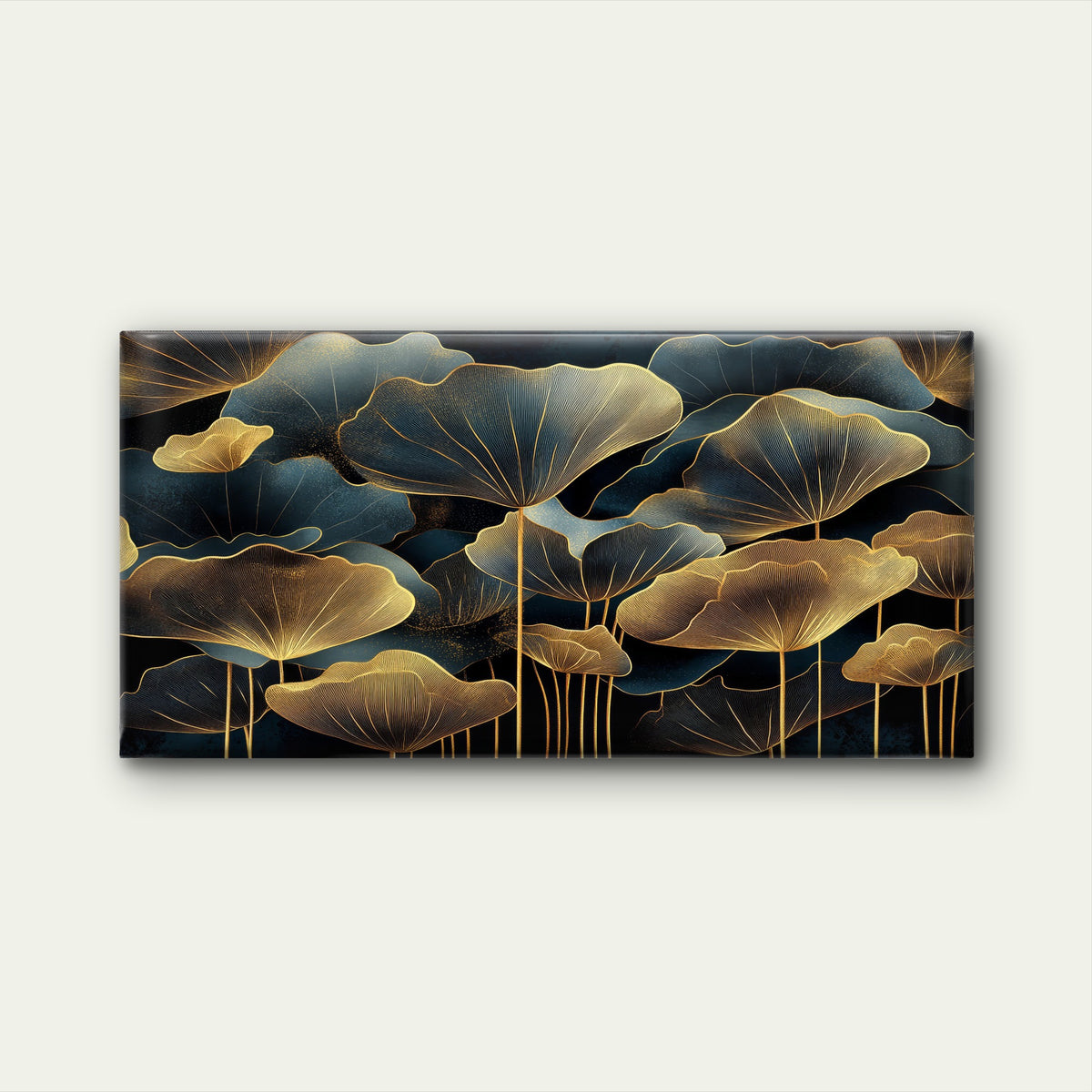 Luxury Gold Lotus Leaf Navy Teal Wall Art Canvas Office Home Framed 120x60cm