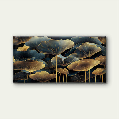 Luxury Gold Lotus Leaf Navy Teal Wall Art Canvas Office Home Framed 120x60cm