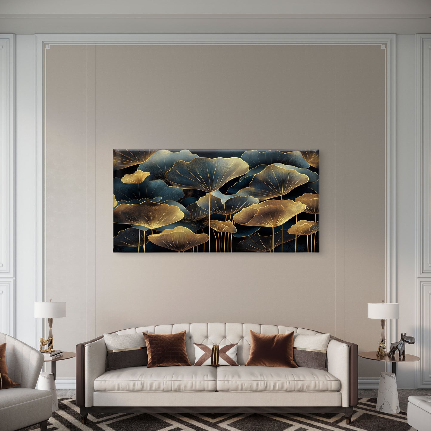 Luxury Gold Lotus Leaf Navy Teal Wall Art Canvas Office Home Framed 120x60cm