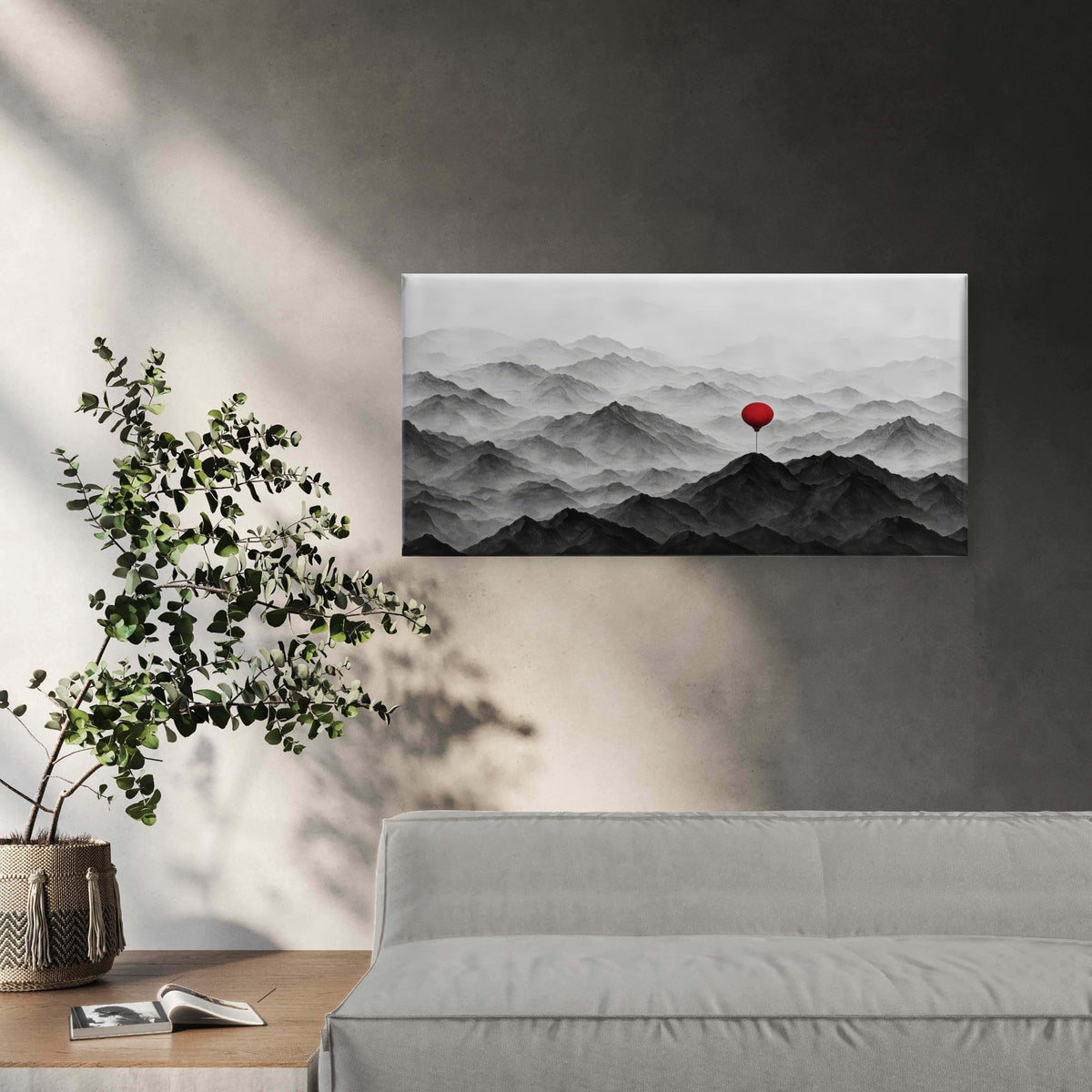 Black White Misty Mountain Red Balloon Wall Art Canvas Office Home Framed 120x60