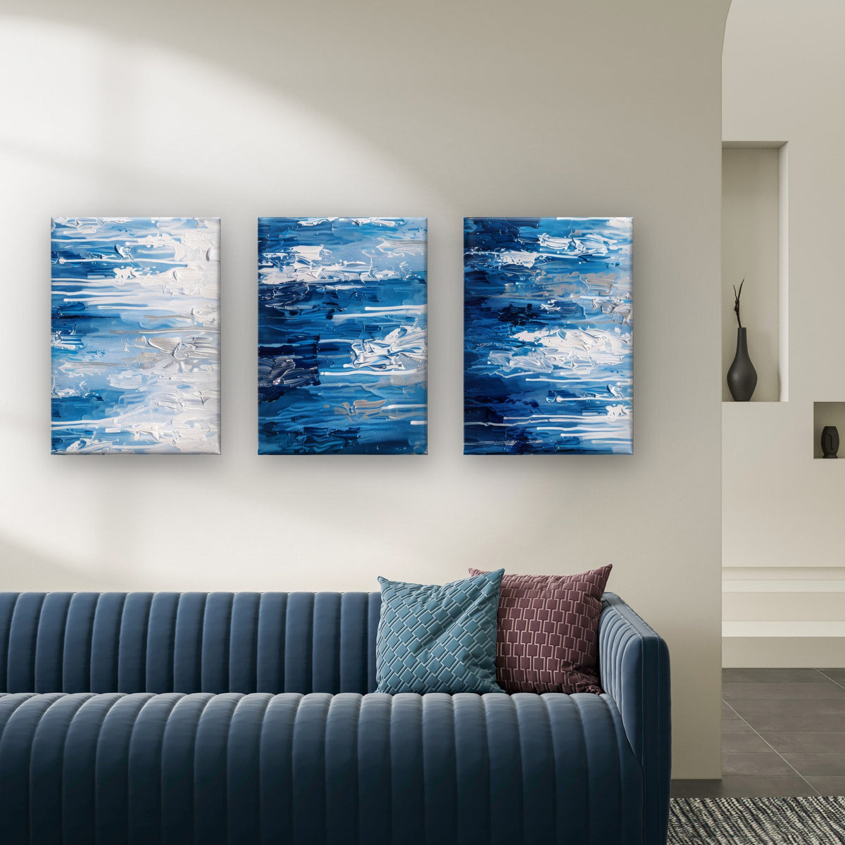 3pcs Modern Coastal Deep Navy Sea Texture  Wall Art Set Canvas Framed 40x60cm - High Quality Print 100% Australian Made Wall Canvas Ready to Hang