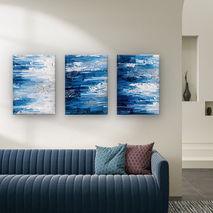 3pcs Modern Coastal Deep Navy Sea Texture  Wall Art Set Canvas Framed 40x60cm - High Quality Print 100% Australian Made Wall Canvas Ready to Hang