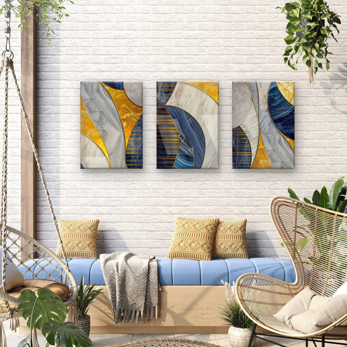 3pcs Luxury Blue Gold Marble Geometric Curves  Wall Art Set Canvas Framed 60x90cm - High Quality Print 100% Australian Made Wall Canvas Ready to Hang