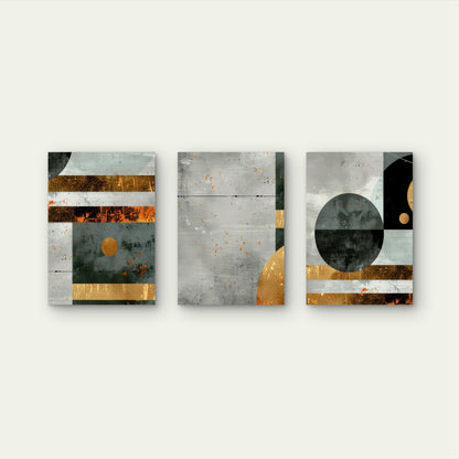 3pcs Modern Geometric Industrial Gray Gold Foil Wall Art Set Canvas Framed 60x90cm - High Quality Print 100% Australian Made Wall Canvas Ready to Hang