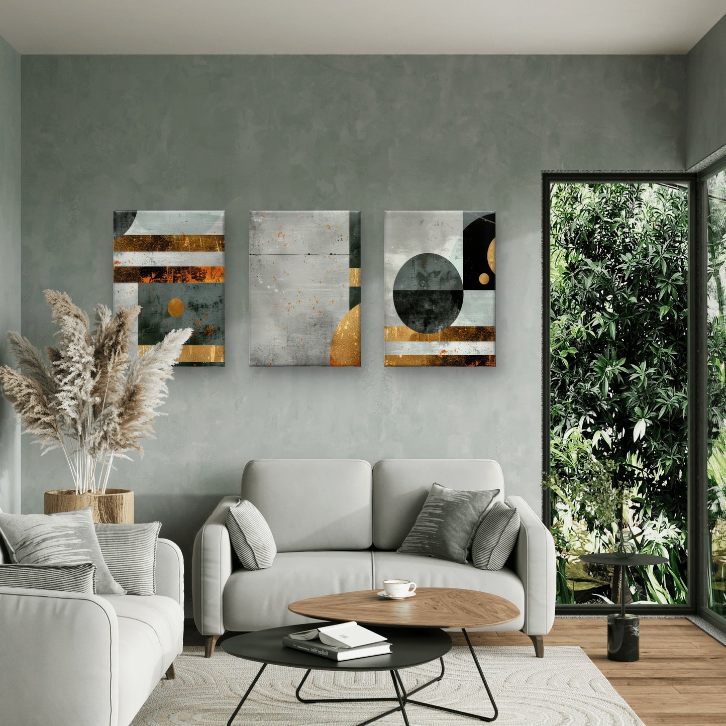 3pcs Modern Geometric Industrial Gray Gold Foil Wall Art Set Canvas Framed 50x70cm - High Quality Print 100% Australian Made Wall Canvas Ready to Hang