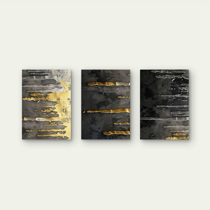 3pcs Abstract Embossed Metal Texture Black Gold  Wall Art Set Canvas Framed 40x60cm - High Quality Print 100% Australian Made Wall Canvas Ready to Hang