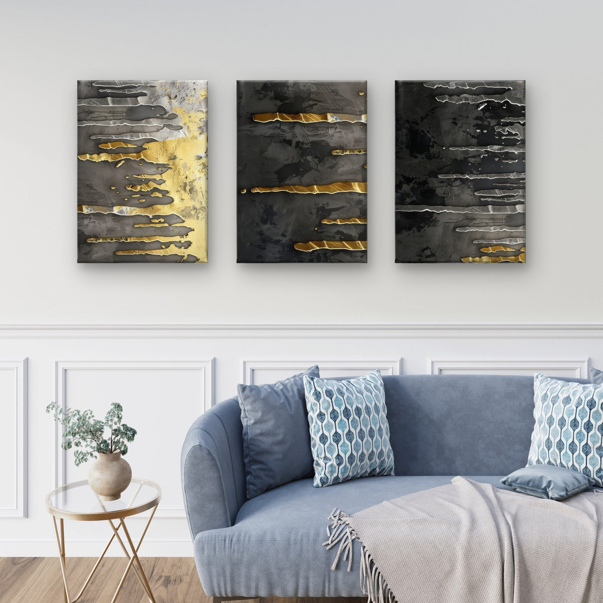 3pcs Abstract Embossed Metal Texture Black Gold  Wall Art Set Canvas Framed 40x60cm - High Quality Print 100% Australian Made Wall Canvas Ready to Hang