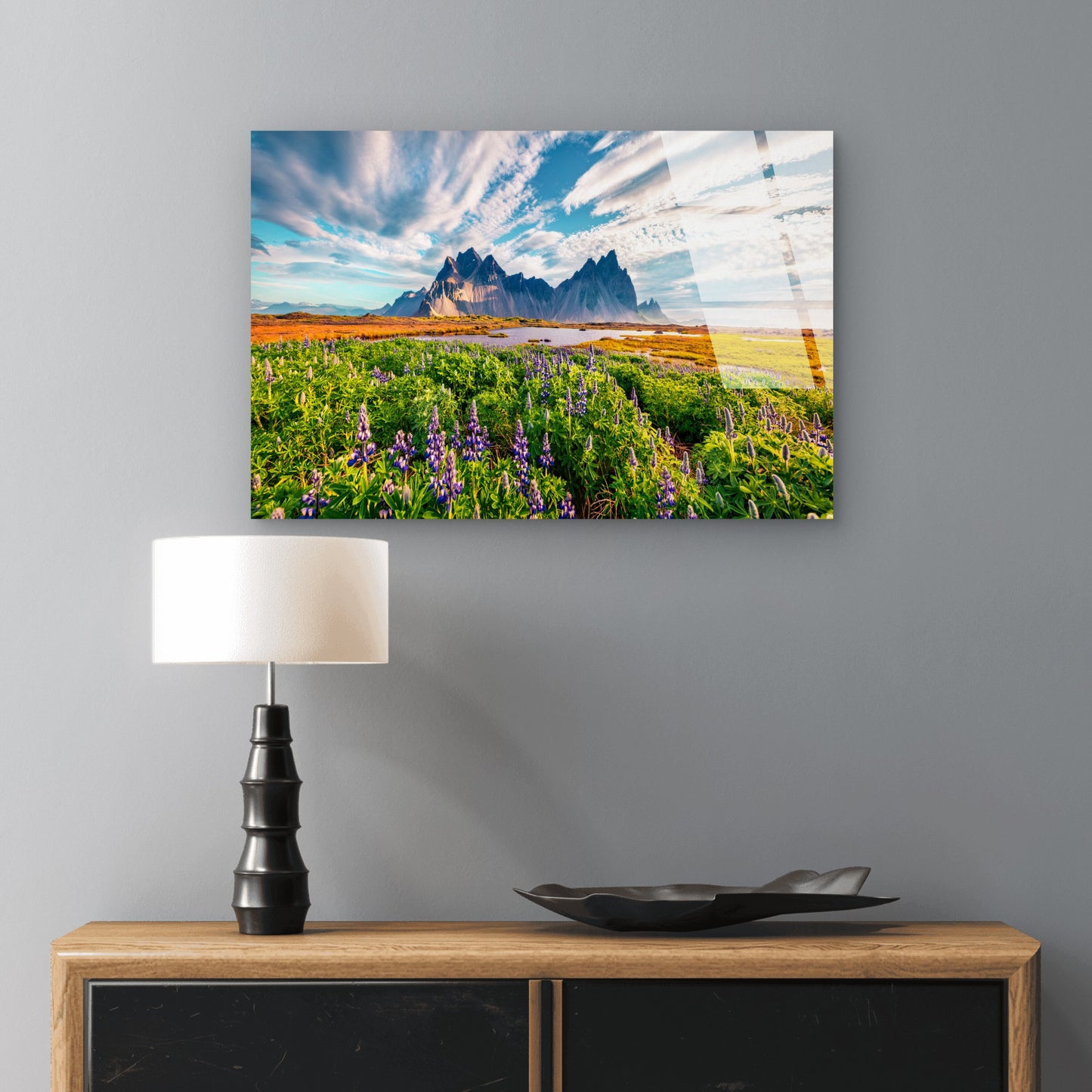 Iceland Vestrahorn Mountain Lupine Field Acrylic Glass Printing Wall Art Australian Made Quality