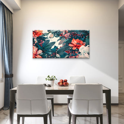 Modern Dark Teal Coral Floral Garden Wall Art Canvas Office Home Framed 120x60cm
