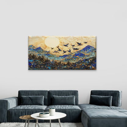Modern Textured Golden Forest Sun Wall Art Canvas Office Home Framed 120x60cm